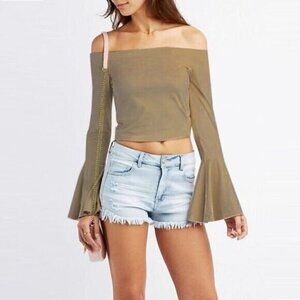 Coastal Cowgirl South Western Rodeo Boho Tan Suede Off‎ Shoulder Bell Sleeve Top